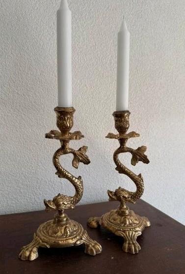 Mythische Kerst Kandelaar oosterse oude koperen koper, Antiek en Kunst, Antiek | Kandelaars, Koper of Brons, Ophalen of Verzenden