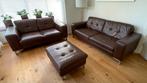Bruin (cognac) lederen kwaliteits 2- + 3-zitter + hocker, Ophalen, Modern design, Leer, Zo goed als nieuw