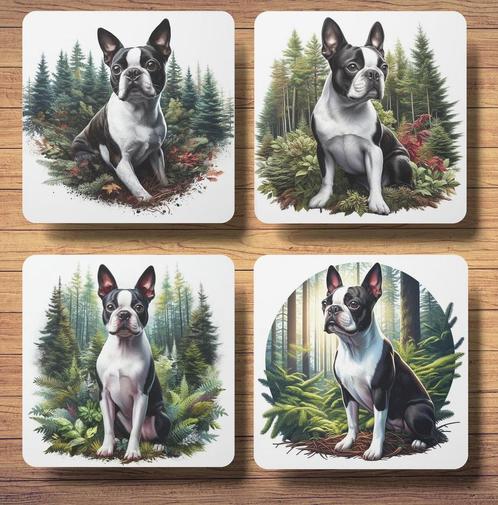 Boston Terriër Bos onderzetters met houder, Huis en Inrichting, Woonaccessoires | Onderzetters, Nieuw, Glas of Kopje, Ophalen of Verzenden