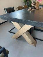 Betonlook tafel met eiken houten onderstel, Ophalen, Gebruikt, Eikenhout, 200 cm of meer