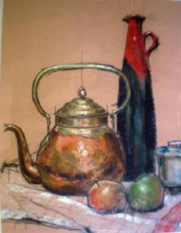 GOUACHE * STILLEVEN * KOPEREN KETEL EN VAAS * In Lijst * beschikbaar voor biedingen
