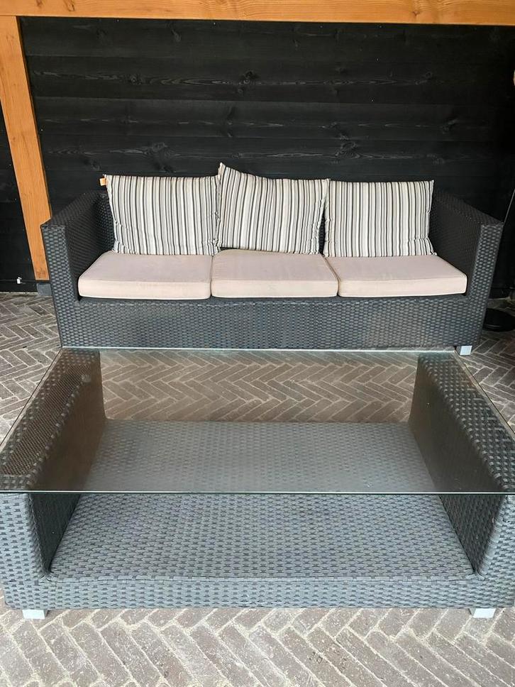 Complete loungeset - Bank, 2 Fauteuils & Tafel - Wicker, Tuin en Terras, Tuinsets en Loungesets, Gebruikt, Loungeset, Wicker, 5 zitplaatsen