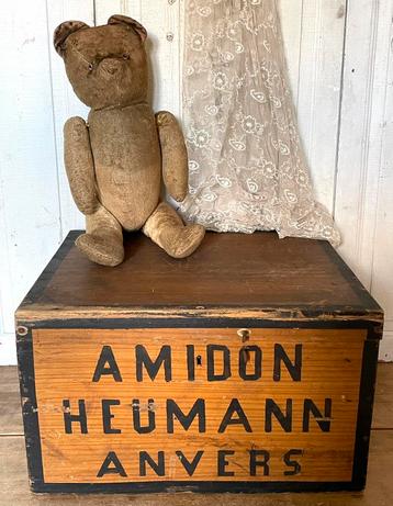 Brocante oude houten AMIDON kist met etiket  beschikbaar voor biedingen
