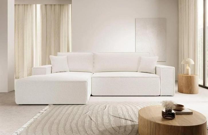 Hoekbank met slaapfunctie Galine New links bouclé (NADUVI), Huis en Inrichting, Banken | Bankstellen, Nieuw, Hoekbank, Vierpersoons of meer