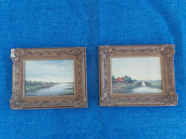 Prachtig duo schilderijen met polderlandschap 18x24c, Antiek en Kunst, Kunst | Schilderijen | Klassiek, Ophalen of Verzenden