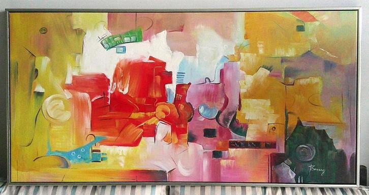 Compositie in kleur ca. 1990 - ges. Bo wang (geb. 1982), Antiek en Kunst, Kunst | Schilderijen | Abstract, Ophalen of Verzenden