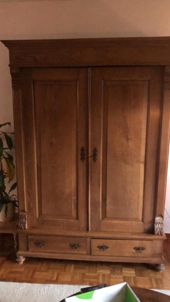 Antieke eikenhouten kast met deuren en 2 lades, Huis en Inrichting, Kasten | Kledingkasten, Gebruikt, 150 tot 200 cm, 100 tot 150 cm