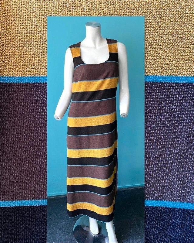 Vintage jaren 70 zomer maxi-jurk bruin/geel maat 40, Kleding | Dames, Jurken, Gedragen, Maat 38/40 (M), Bruin, Onder de knie, Verzenden
