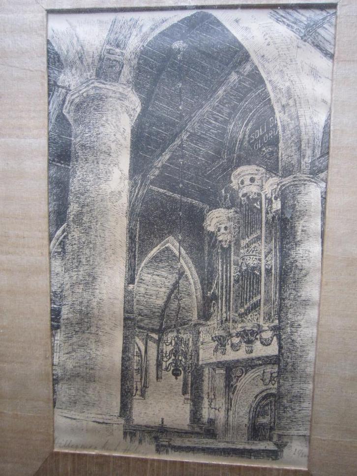 Hillegondakerk R.dam Hillegersberg, Oude Orgel,m GLAS GEBROK, Antiek en Kunst, Kunst | Etsen en Gravures, Ophalen of Verzenden