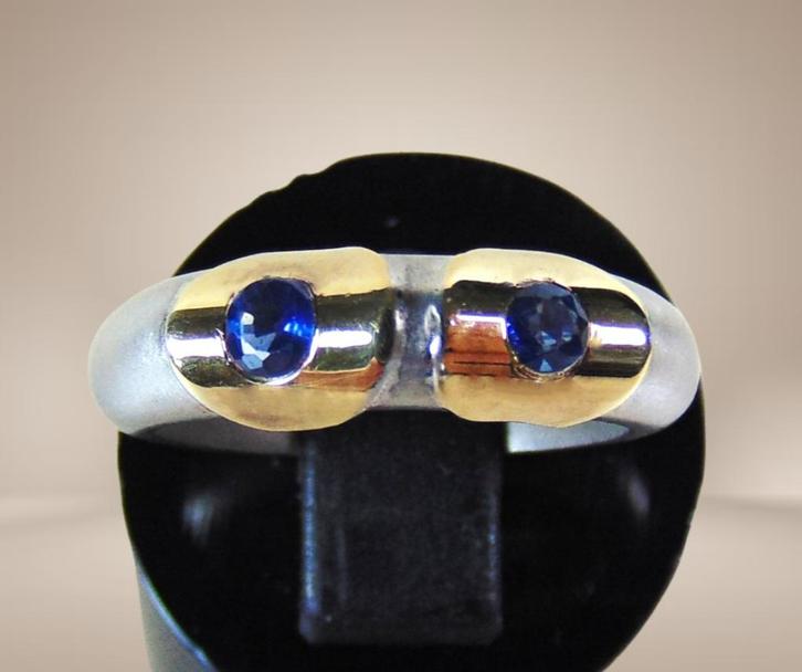 #7 NIEUWE 925 zilver/14k gouden design ring SAFFIER M17!, Sieraden, Tassen en Uiterlijk, Ringen, Nieuw, Dame of Heer, Zilver, Zilver