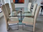 Eettafel glas + 6 Rolf Benz leren stoelen – compleet, Ophalen, Zo goed als nieuw