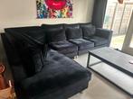 Zwarte hoekbank en losse poef, Ophalen, Gebruikt, Stof