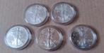 5x 1oz Amerikaanse Silver Eagles van 2008 tot en met 2012, Ophalen of Verzenden, Zilver