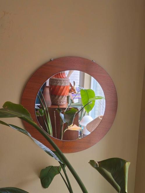 Vintage Ronde Spiegel Teak Teakfineer, Antiek en Kunst, Antiek | Spiegels, Ophalen of Verzenden