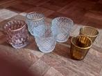6 kaarsenhouders glazen waxinelichtjes roze goud transparant, Ophalen of Verzenden, Zo goed als nieuw, Overige materialen, Minder dan 25 cm