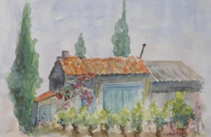 Aquarel in Franse sferen Huisje Wijngaard Druiven Schuurtje, Antiek en Kunst, Kunst | Schilderijen | Klassiek, Ophalen of Verzenden