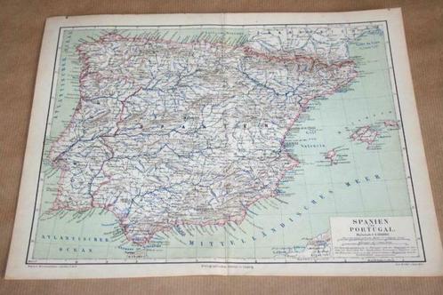 Antieke kaart Spanje en Portugal - uit 1875 !!, Boeken, Atlassen en Landkaarten, Gelezen, Spanje, Ophalen of Verzenden