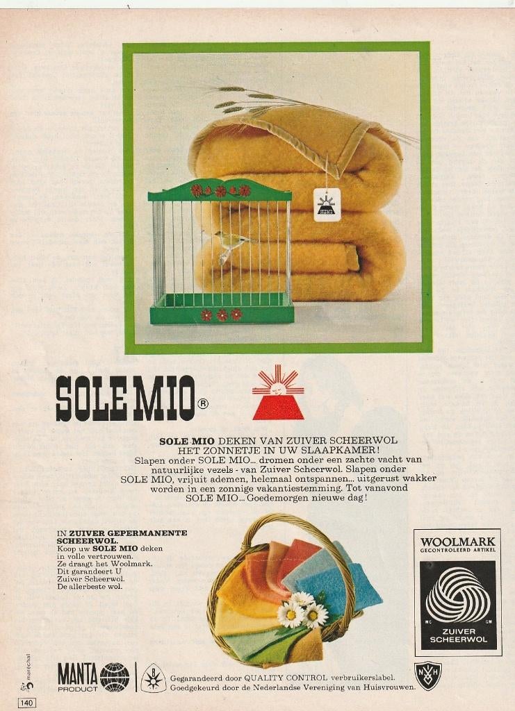 Retro reclame 1969 Sole Mio wollen dekens echt 'n zonnetje, Verzamelen, Retro, Overige typen, Verzenden