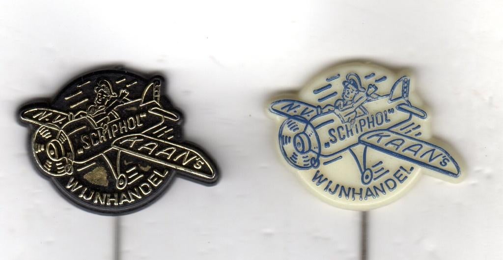2 speldjes NV KAAN'S WIJNHANDEL SCHIPHOL VLIEGTUIG (A1), Verzamelen, Speldjes, Pins en Buttons, Verzenden, Gebruikt, Overige onderwerpen