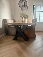 Eiken eettafel met stalen X-poten + optie bank/stoelen, Huis en Inrichting, Tafels | Eettafels, Ophalen, Gebruikt, 100 tot 150 cm
