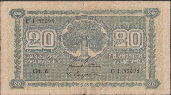 Finland 20 markkaa 1945 gebruikt p.78a(8) (nr 44), Postzegels en Munten, Bankbiljetten | Europa | Niet-Eurobiljetten, Los biljet