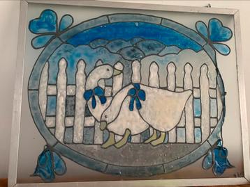 Antieke Glas in lood - kunst met ganzen beschikbaar voor biedingen