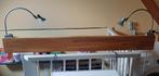 2 Hallogeenlampen 12V-20Watt op balk, Huis en Inrichting, Lampen | Hanglampen, Ophalen, Gebruikt, Minder dan 50 cm, Hout