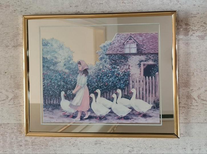 Vintage schilderij, "de Ganzenhoedster".36x28 cm., Antiek en Kunst, Kunst | Schilderijen | Klassiek, Ophalen of Verzenden