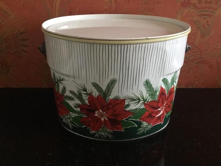 Groot vintage kerstblik met deksel, Tuin en Terras, Bloempotten, Zo goed als nieuw, Minder dan 40 cm, Minder dan 25 cm, Rond, Ophalen of Verzenden