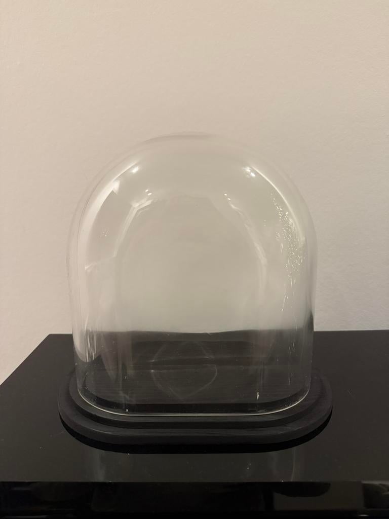Stolp ovaal S helder glas Zwart houten plateau, Veens Living, Nieuw, Elst, Info@veensliving.nl