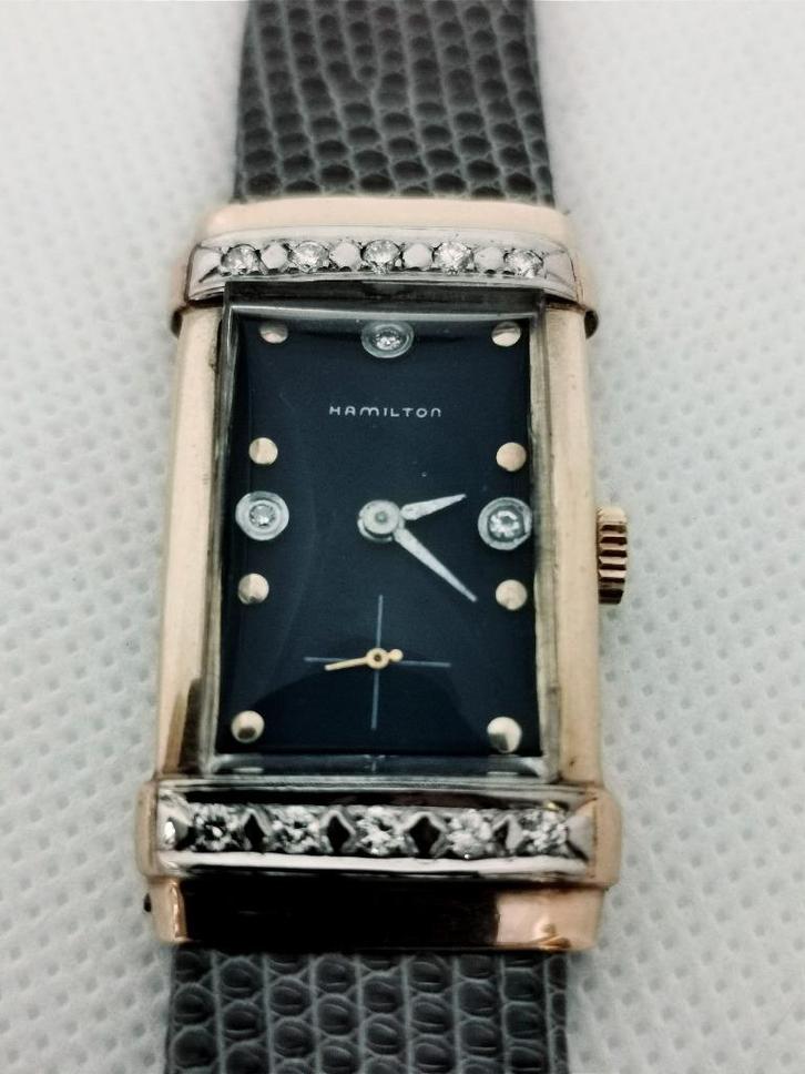 Gouden Hamilton polshorloge met diamanten, cert ALGT, Sieraden, Tassen en Uiterlijk, Antieke sieraden, Overige typen, Goud, Met edelsteen