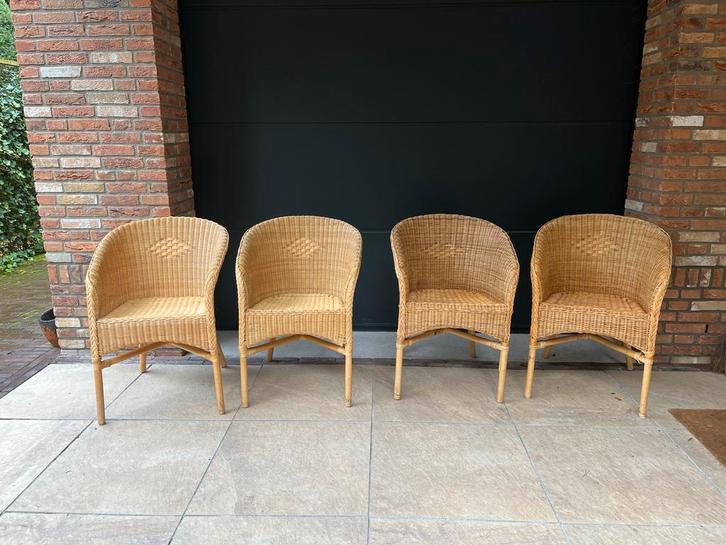 Vier rotan eetkamer stoelen, Huis en Inrichting, Stoelen, Zo goed als nieuw, Vier, Riet of Rotan, Bruin, Ophalen