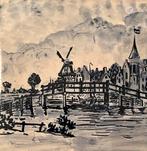 Delfts Blauw Tegel met Molen en Stad, Ophalen of Verzenden