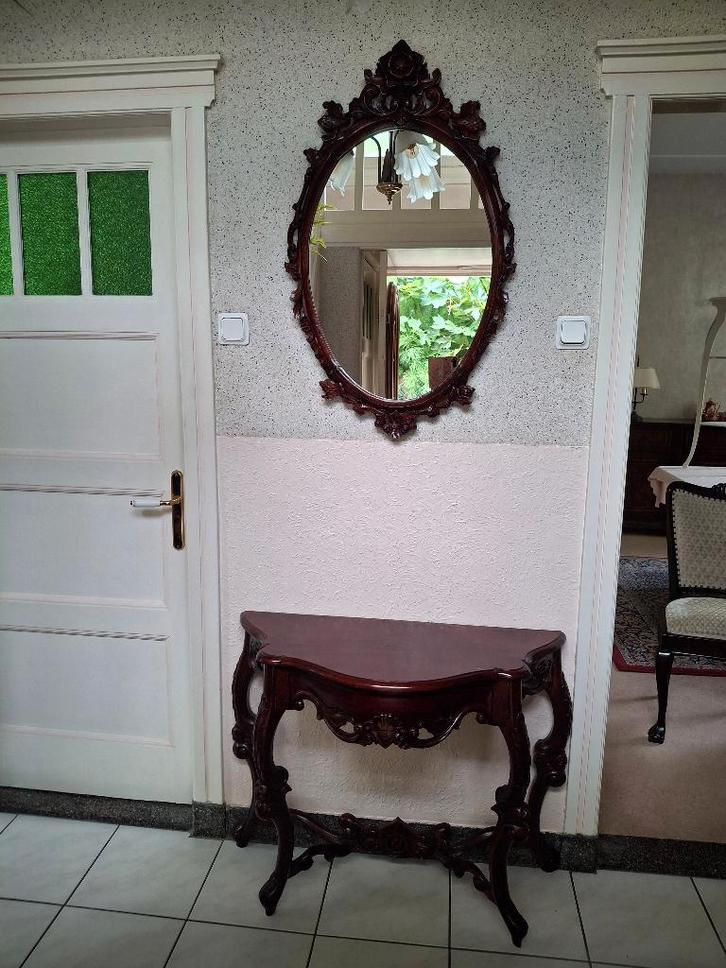 Mooie barokke haltafel met spiegel in noten/mahoniehout, Antiek en Kunst, Curiosa en Brocante, Ophalen