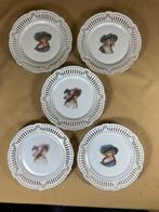 5 porseleinen borden met open gewerkte rand dames met hoed, Ophalen of Verzenden