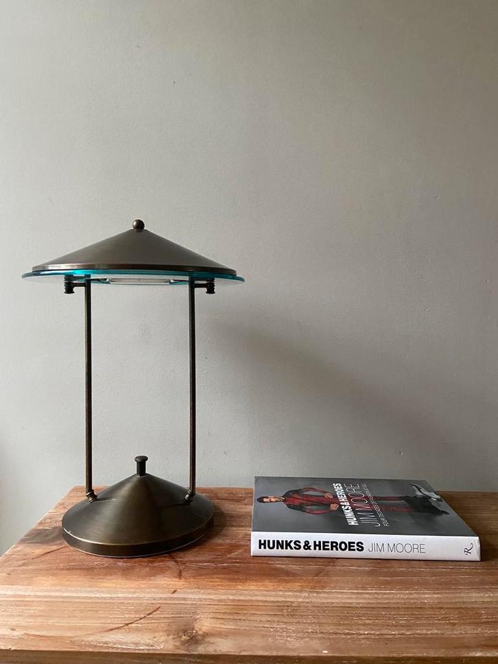 Vintage Sonneman Stijl Bankers Lamp, Huis en Inrichting, Lampen | Tafellampen, Gebruikt, 50 tot 75 cm, Glas, Metaal, Ophalen of Verzenden