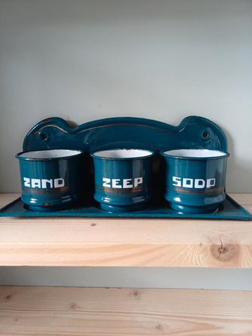 Vintage Emaille Zand Zeep Soda Set beschikbaar voor biedingen