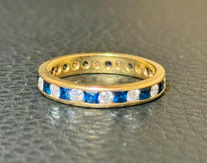 18 karaat gouden ring natuurlijke diamant en saffier 1.68ct!, Sieraden, Tassen en Uiterlijk, Ringen, Zo goed als nieuw, Dame, 18 tot 19