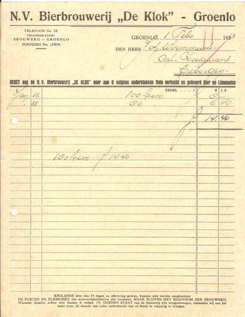 N.V. Bierbrouwerij "De Klok"- Groenlo. Oude nota uit 1963 beschikbaar voor biedingen