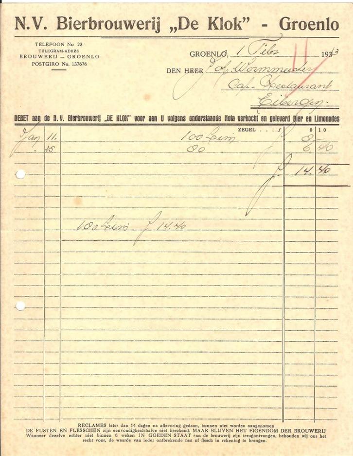 N.V. Bierbrouwerij "De Klok"- Groenlo. Oude nota uit 1963, Verzamelen, Biermerken, Gebruikt, Overige typen, Grolsch, Ophalen of Verzenden