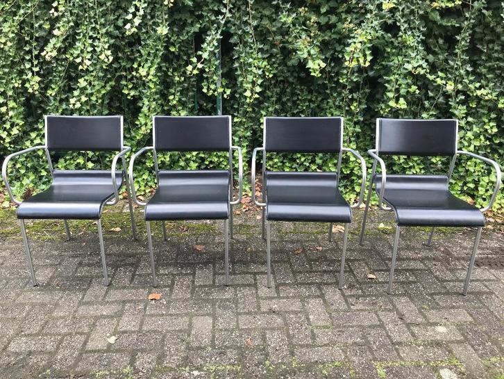 4x Stoelen design - Leer & Geborsteld staal   µf, Huis en Inrichting, Stoelen, Vier, Leer, Zwart, Ophalen of Verzenden