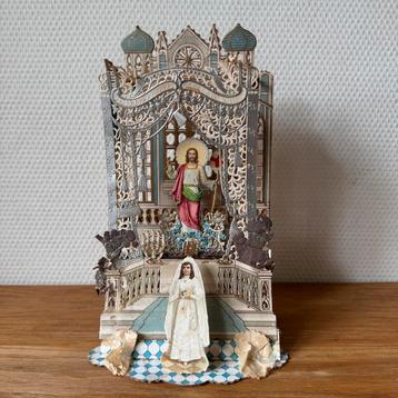 Antiek Religieus Communie Diorama, Papiersnijwerk, Jaren 20 beschikbaar voor biedingen