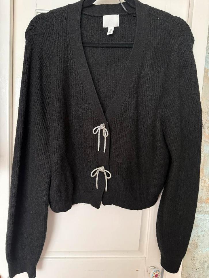 Zwart H&M vestje met zilveren strikjes - maat M (38/42), Kleding | Dames, Truien en Vesten, Zo goed als nieuw, Maat 38/40 (M)