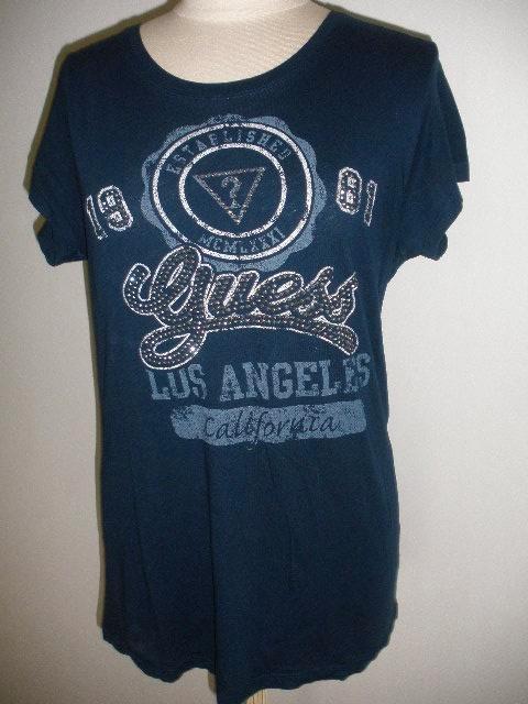 GUESS t- shirt donker blauw met print en strass maat L, Kleding | Dames, T-shirts, Zo goed als nieuw, Maat 38/40 (M), Blauw, Korte mouw