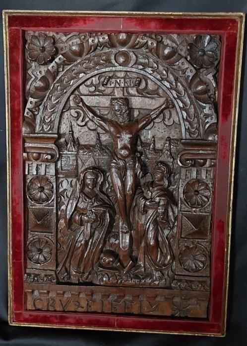 Eiken paneel Kruisiging Jezus van Nazareth 17e eeuw., Antiek en Kunst, Kunst | Beelden en Houtsnijwerken, Ophalen
