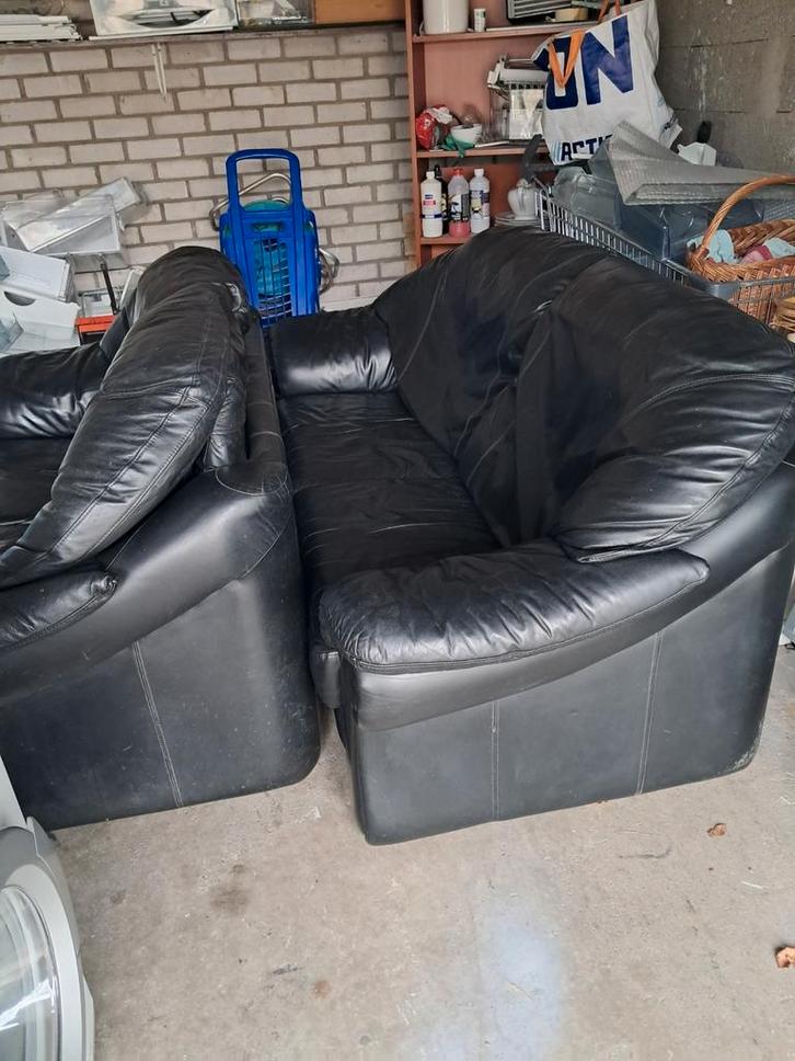 Zgan Echte zwart dik leren bankstel 2 zitter en 2/5 zits, Huis en Inrichting, Banken | Bankstellen, Zo goed als nieuw, Rechte bank