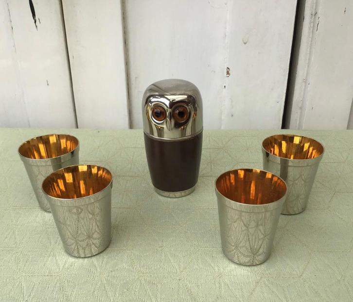 Mid-Century (vintage) metalen shotglaasjes, Verzamelen, Glas en Borrelglaasjes, Zo goed als nieuw, Borrel- of Shotglas, Ophalen of Verzenden