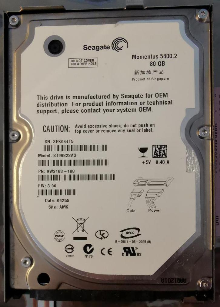 SEAGATE 2.5" SATA hard disk, 80GB, Computers en Software, Harde schijven, Gebruikt, Laptop, Intern, HDD, SATA, Ophalen of Verzenden