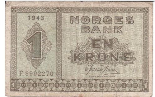 Noorwegen, 1 Kroon, 1943, Postzegels en Munten, Bankbiljetten | Europa | Niet-Eurobiljetten, Los biljet, Overige landen, Ophalen of Verzenden