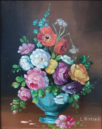 L. Rosinie (XX) - Stilleven met rozen in vaas (op koper) beschikbaar voor biedingen